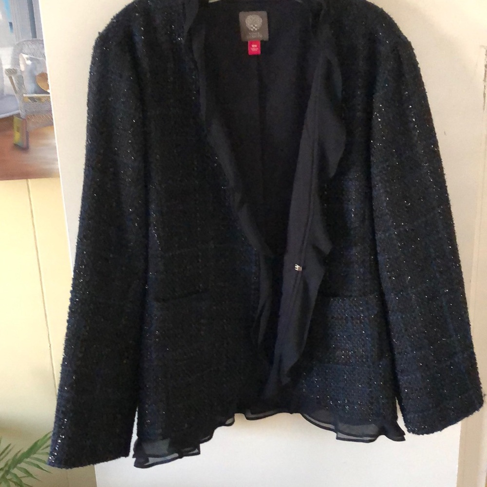 Sparkly thread woven in lined ruffled jacket navy blue sz 18W. 1 hook closure.